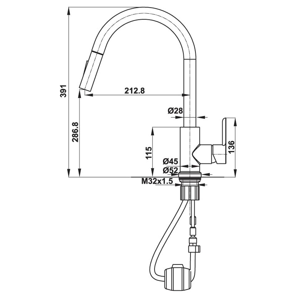 Bản vẽ kỹ thuật Vòi rửa bát HAFELE HT21-CH1P287 577.55.230 nóng lạnh rút dây
