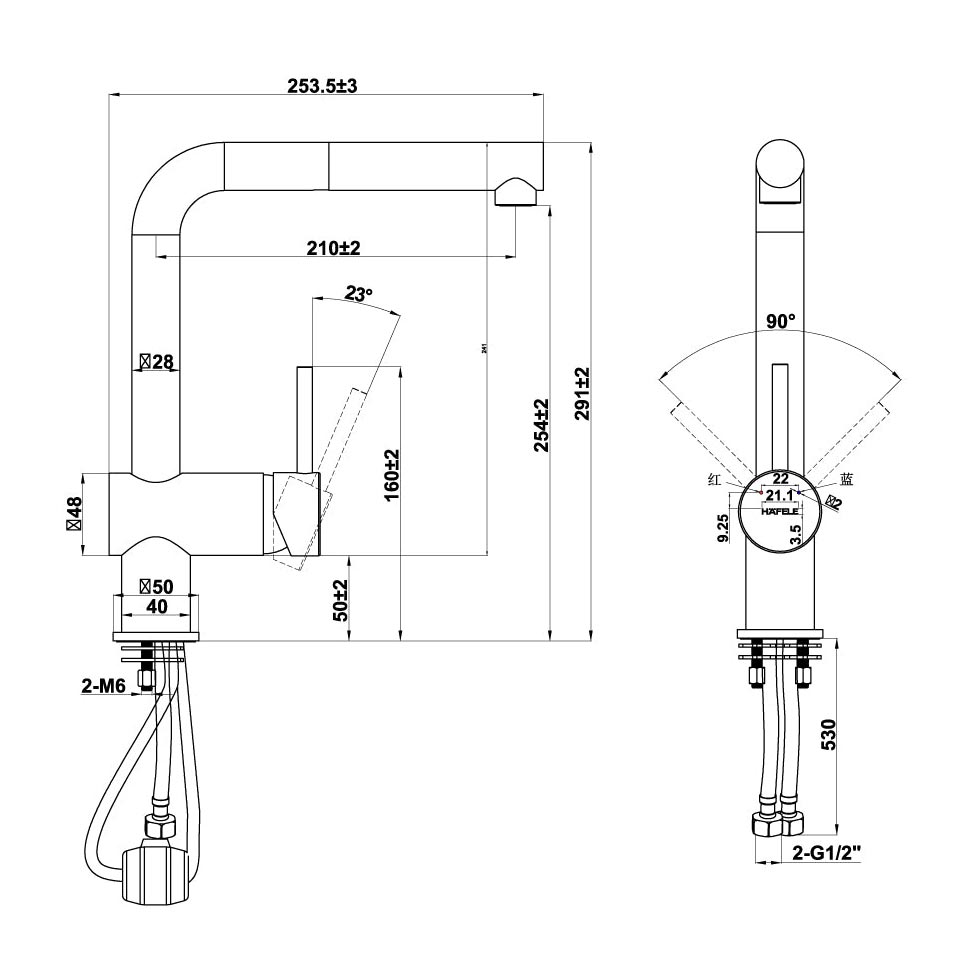 Bản vẽ kỹ thuật Vòi rửa bát HAFELE HT21-GH1P254 577.55.350 nóng lạnh rút dây