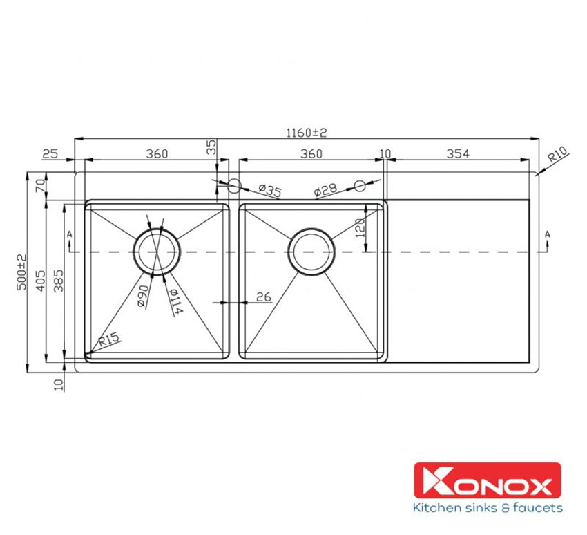 Bản Vẽ Kỹ Thuật Chậu rửa bát inox KONOX KN11650TD
