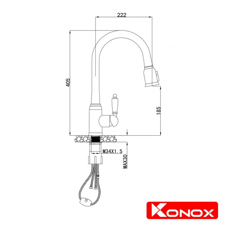 Bản vẽ kỹ thuật Vòi rửa bát KONOX KN1905 nóng lạnh rút dây