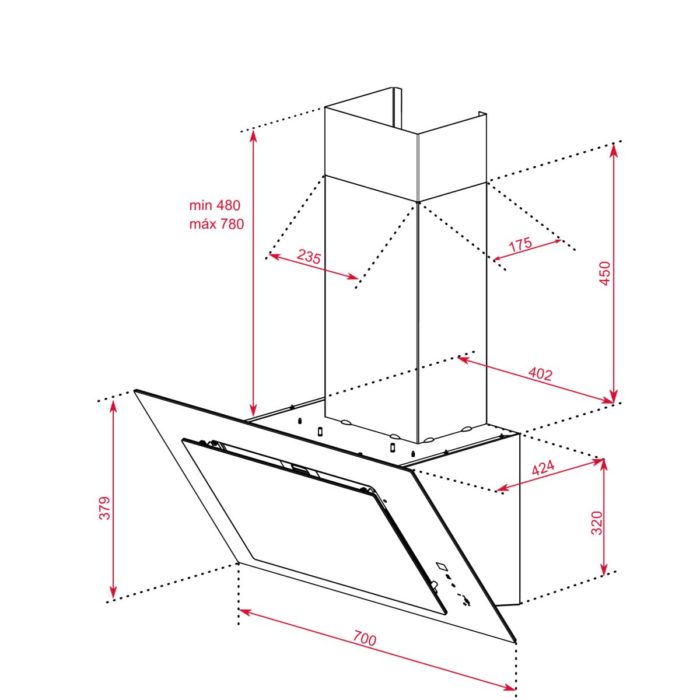 kích thước Máy hút mùi TEKA DVT 78660 TBS BK 70cm kính vát ,