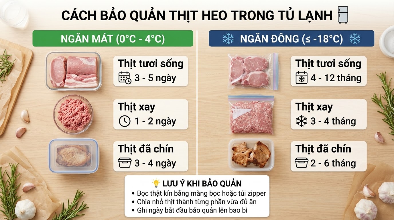 Cách bảo quản thịt heo trong tủ lạnh và bảng thời gian chi tiết Cách bảo quản thịt heo trong tủ lạnh và bảng thời gian chi tiết