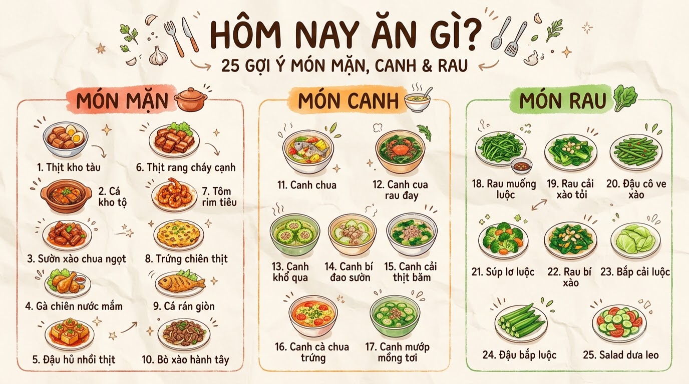 Gợi ý hôm nay ăn gì với mâm cơm đủ món Mâm cơm gia đình với món mặn, canh và rau gợi ý hôm nay ăn gì